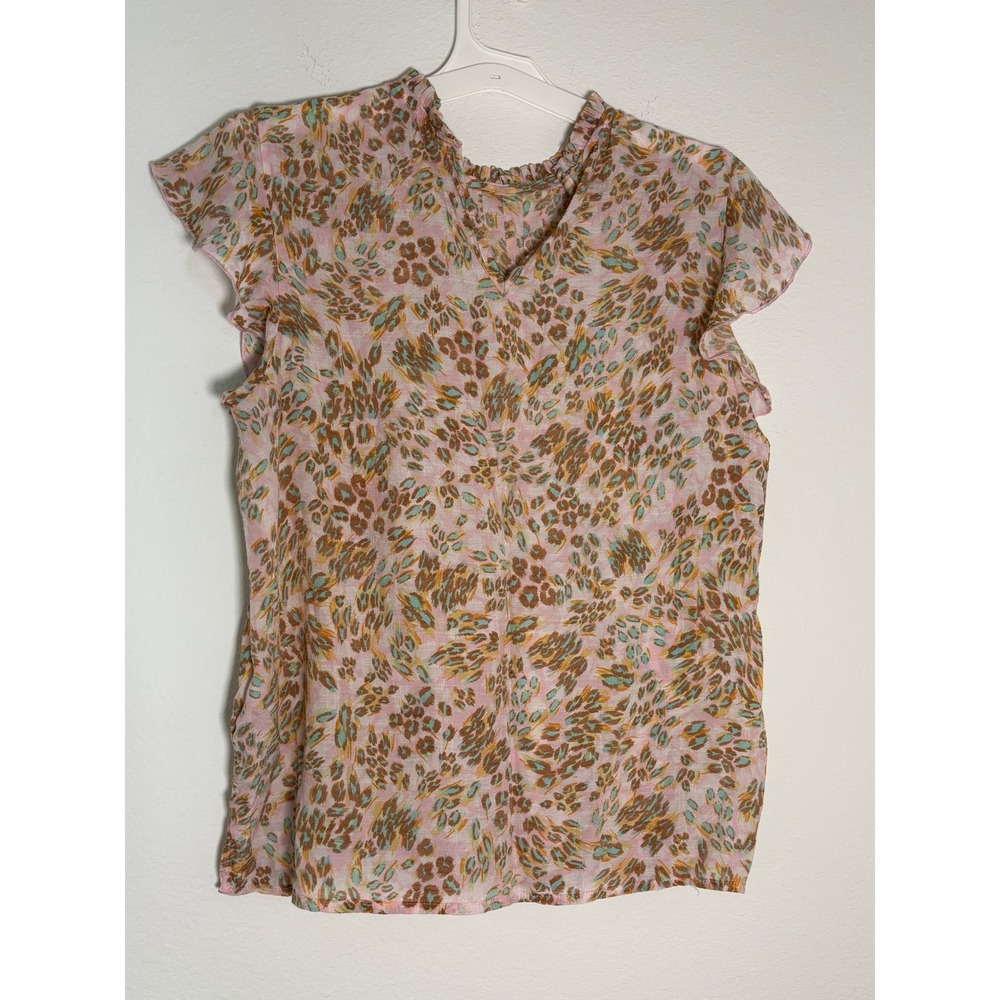 Nanette‎ Lepore Pink Green Animal Print Flutter Sleeve Ruffle Neck Blouse Large